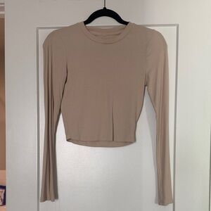 Long Sleeve Crewneck Crop Top in Beige